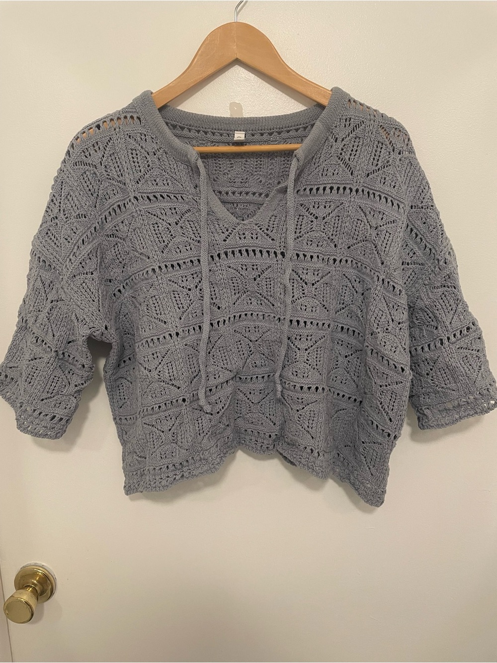 Wishlist Gray Crochet V-Neck Drawstring Sweater